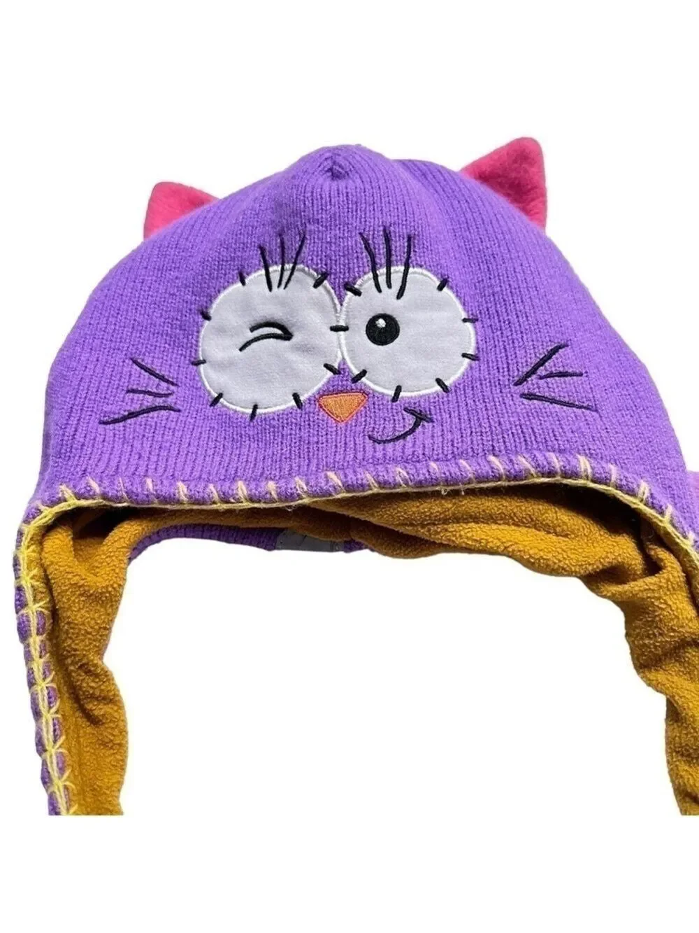 Flipeez‎ Winking Kitty Cat Purple Pink Knit Hat with Moveable Tail Size OS